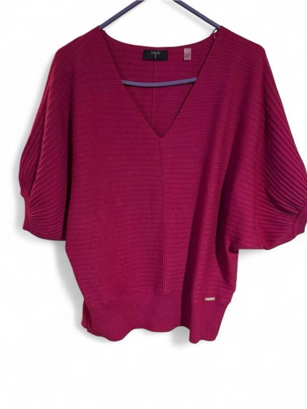 Tahari Deep Berry Ribbed V-Neck Sweater
